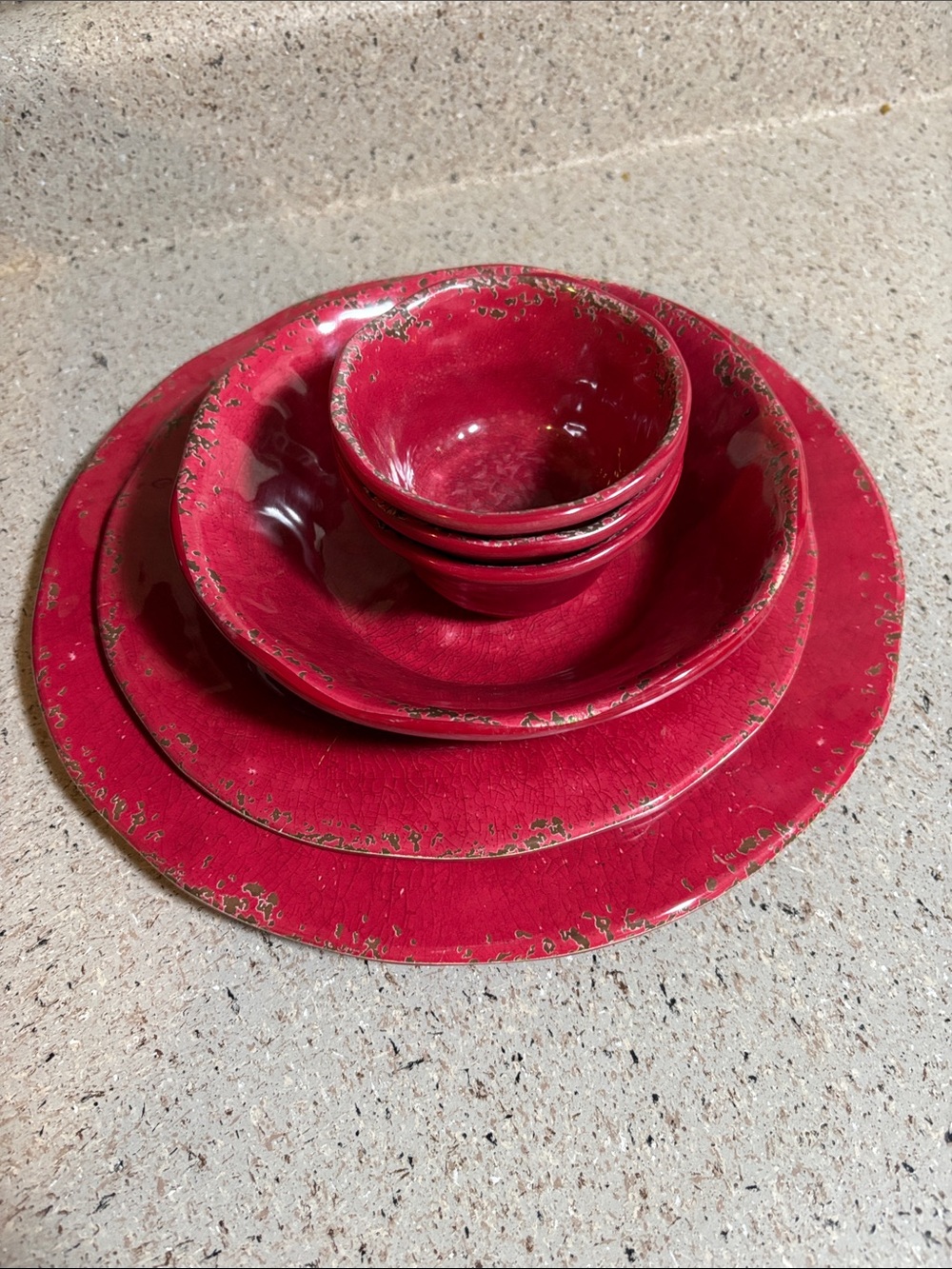 Red Glazed Ceramic Dinnerware Set with Distressed Gold Edge